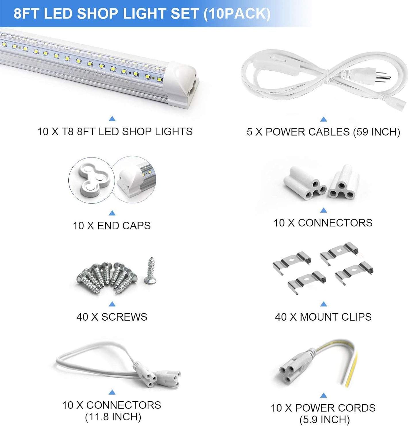 10-Pack 8ft LED Shop Lights, 90W T8 Integrated Tubes, 6500K 12000LM, V-Shape Linkable, Plug & Play, 270° Lighting for Garage/Shop