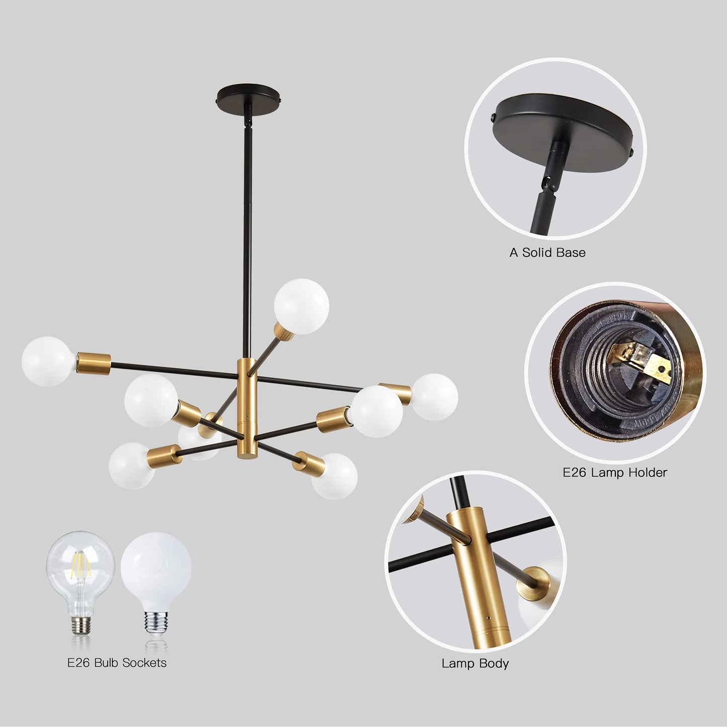 KAISITE 8-Light Modern Sputnik Chandelier, Height Adjustable Mid-Century Black & Gold Ceiling Light for Bedroom, Living & Dining