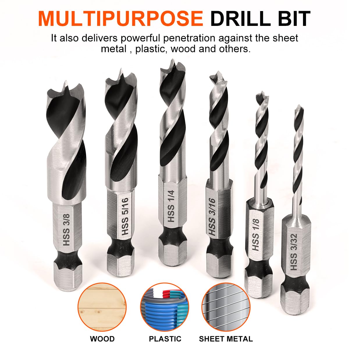 COMOWARE Brad Point Stubby Drill Bit Set for Wood, Short Length Drill Bit Set 6pcs HSS 4241 Steel with 1/4-Inch Quick Change Hex Shank