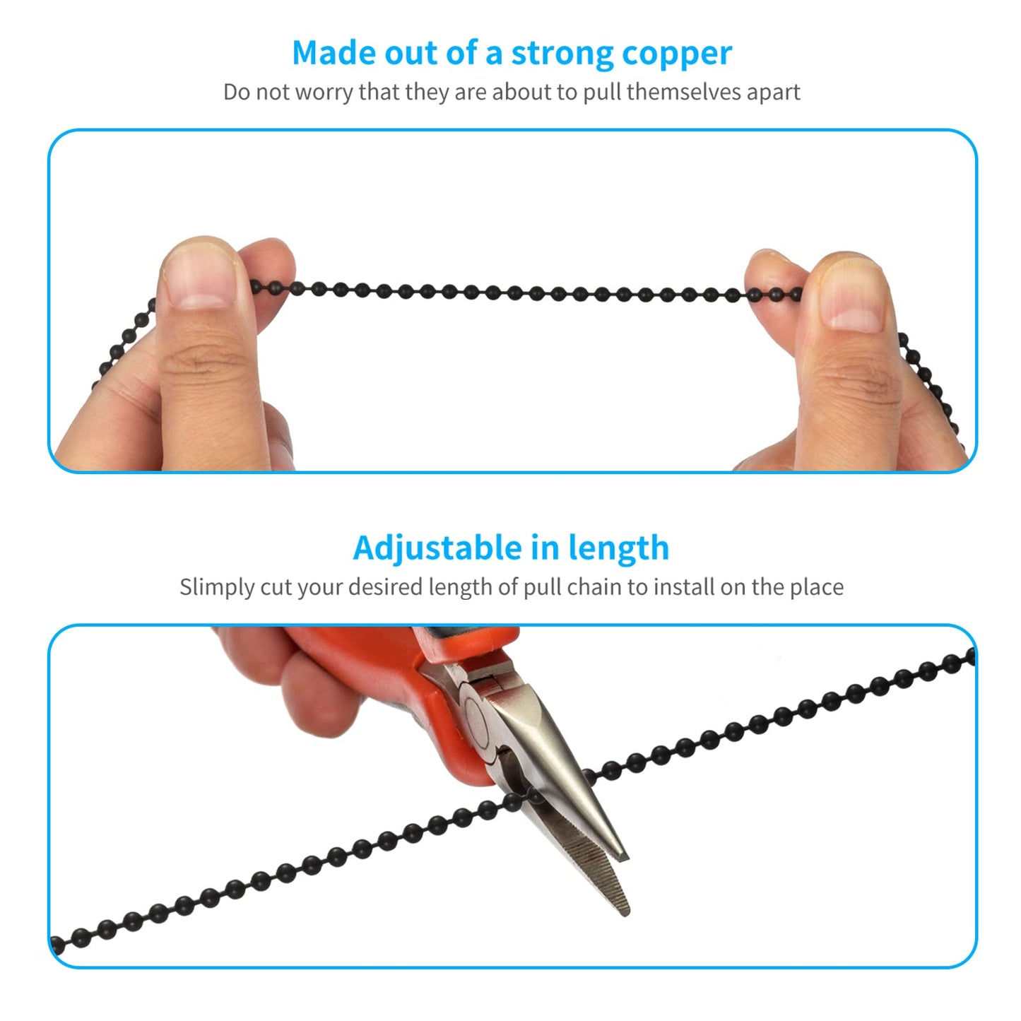 ELFCAB 6-Piece Ceiling Fan Pull Chain Set with 3mm Beaded Balls, 12 Pull Loop Connectors & 3 Extended 36" Chains, Matte Black