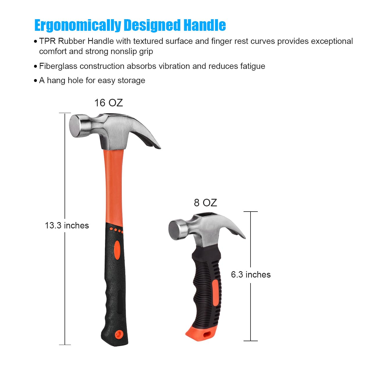 ZUZUAN 2-Piece Claw Hammer Set, 8oz Mini Stubby Hammer & 16oz Fiberglass Hammer, Non-Slip Handle, Heat-Treated Steel Head