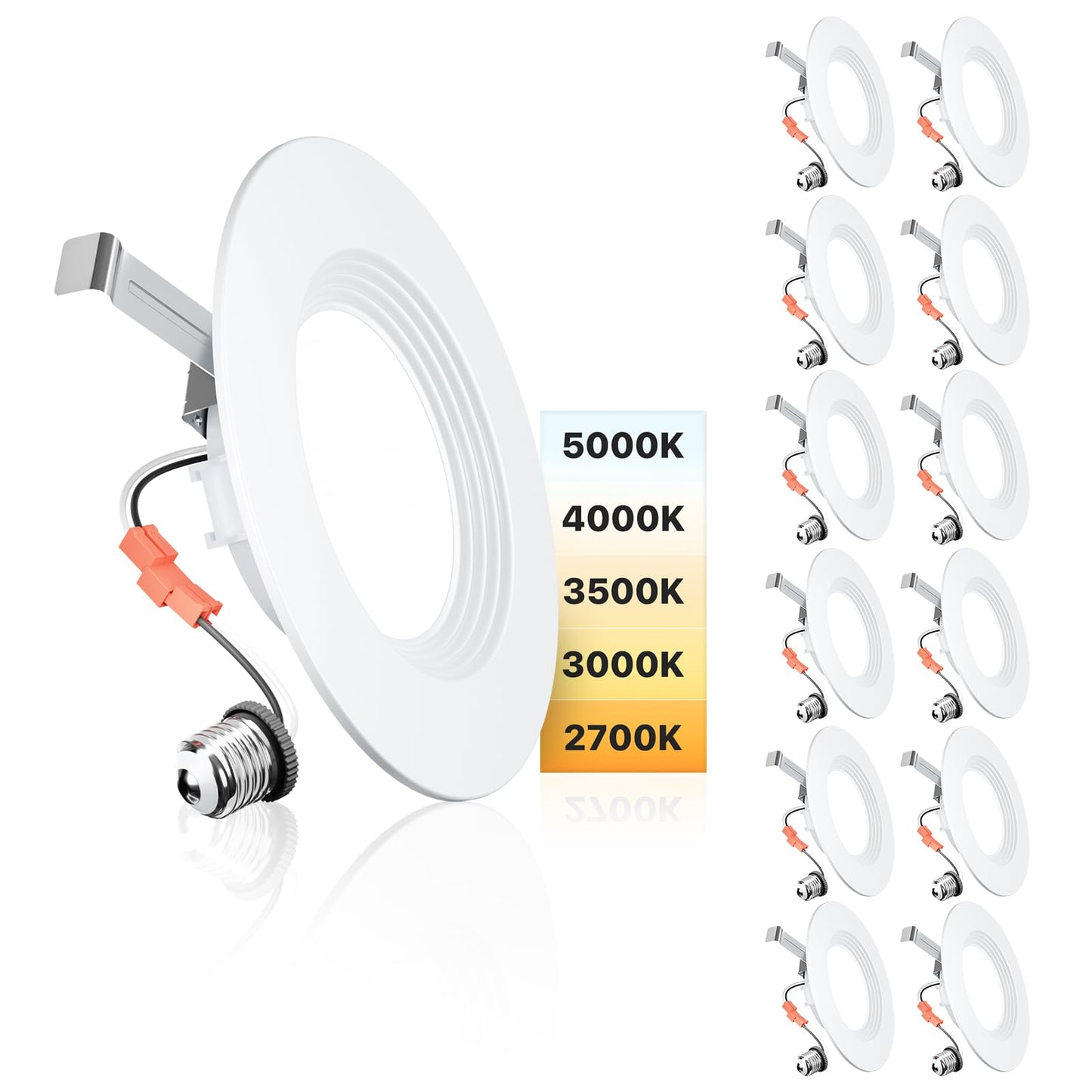 Ensenior 5/6" 5CCT LED Can Lights 12 Pack, Dimmable Retrofit Recessed Lighting, Baffle Trim, 9W=110W, 1000LM, 2700K-5000K, IC Rated