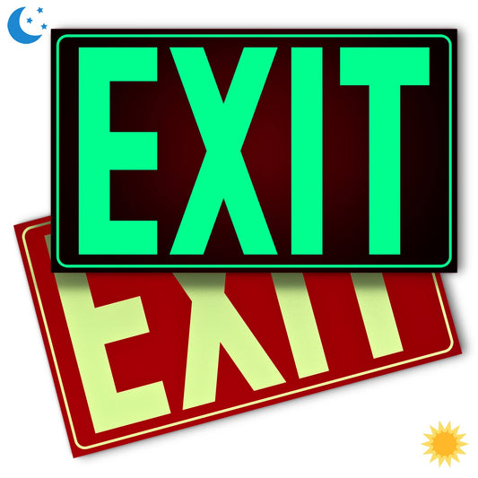 Glow-in-the-Dark Red Exit Sign, 12x7", Non-Electrical, UV Ink, Tear-Resistant PVC, Adhesive Backing, Scratch Resistant, 2 Pack
