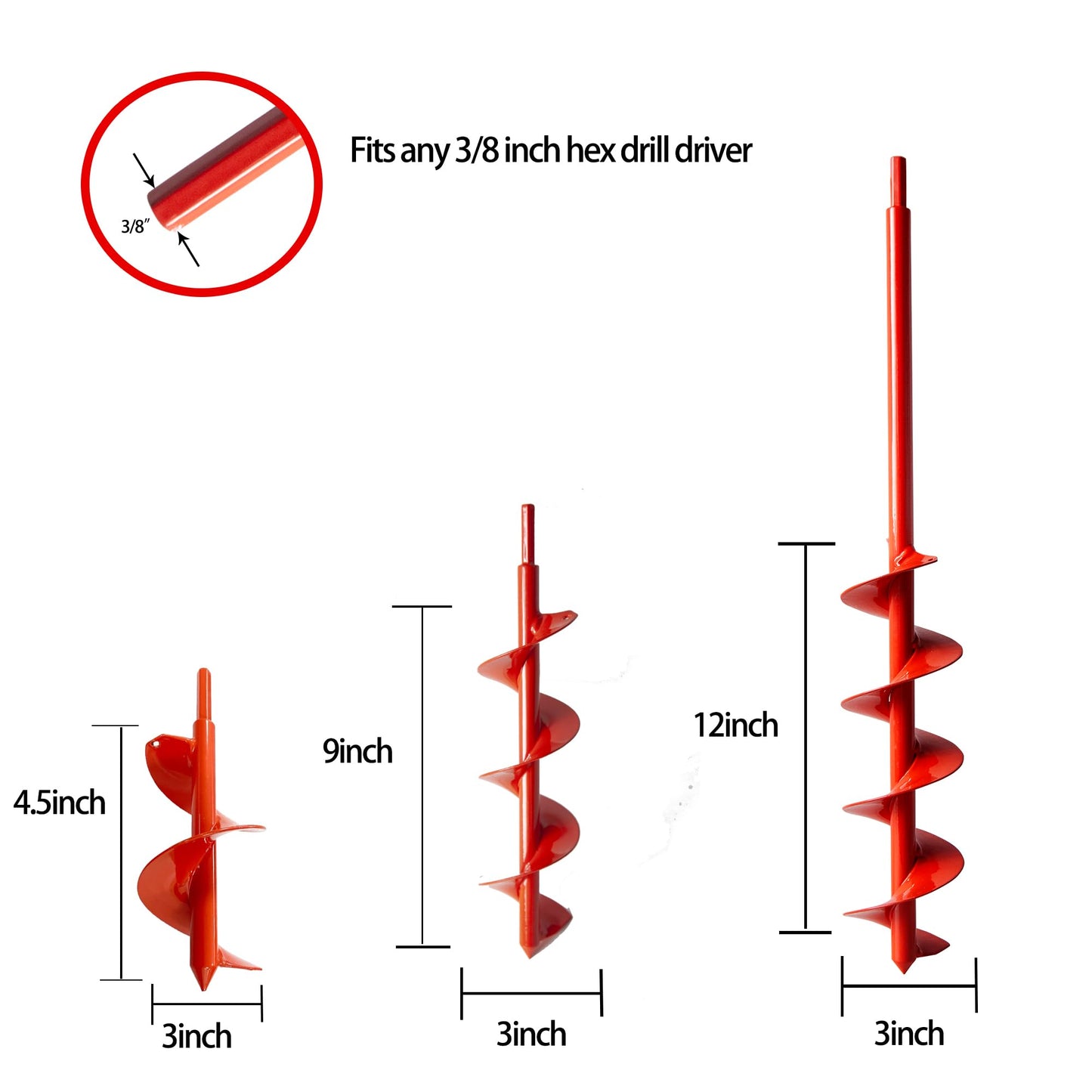 24”x 3”Auger Drill Bit 3/8”Hex Drive Bulb Bedding Planter Heavy-Duty Garden Spiral Drill Bits