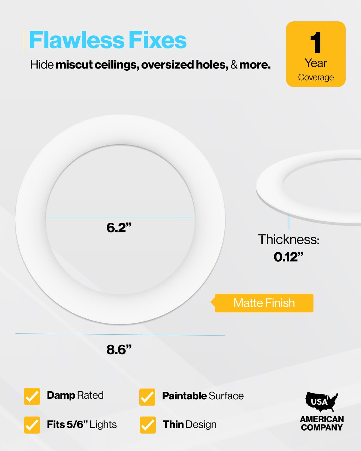 **Sunco 6-Pack Goof Rings for 6″ Recessed Lights, Flush Mount White Trim Ring Covers, 8.6″ OD, Paintable Matte Finish**