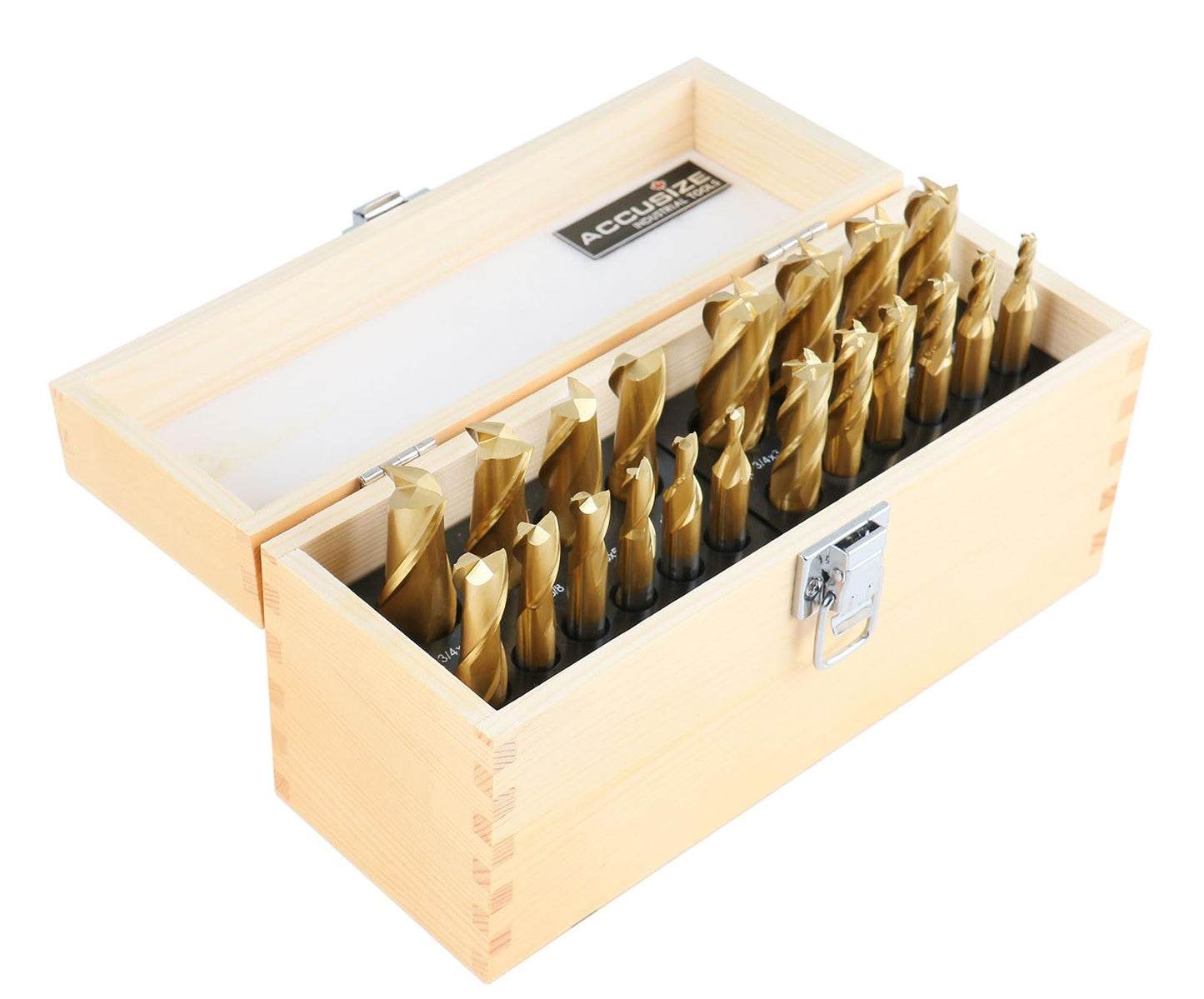 Accusize Industrial Tools 20-PC TiN-Coated H.S.S. End Mill Set, Inch Sizes 3/16" to 3/4", 2F and 4F, Straight Shank, Wood Case, 1810-0100