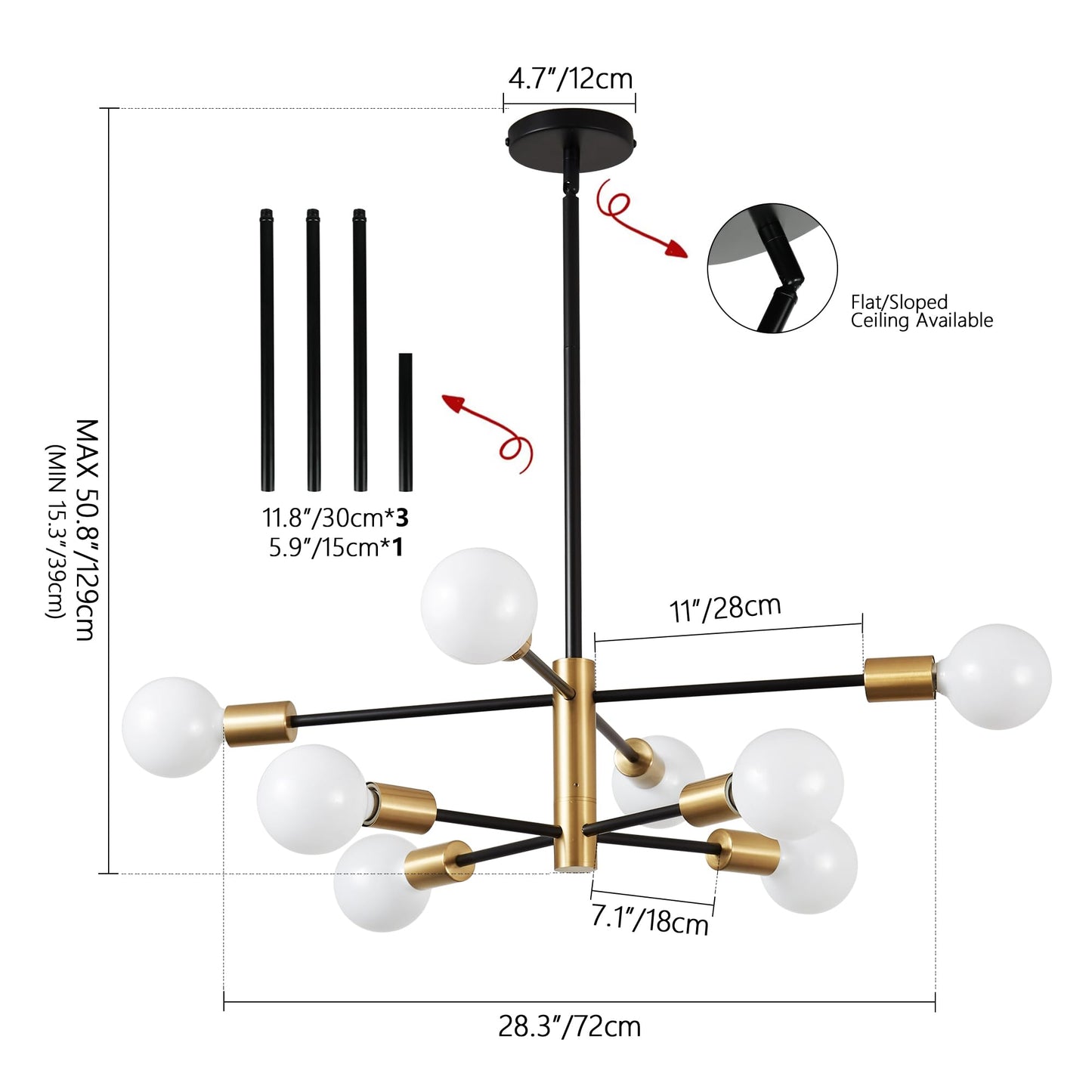 KAISITE 8-Light Modern Sputnik Chandelier, Height Adjustable Mid-Century Black & Gold Ceiling Light for Bedroom, Living & Dining
