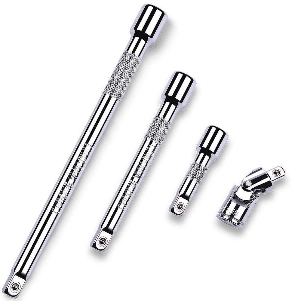 StrugDeas 4-Piece 3/8 Inch Drive Extension Bar Set, Includes 3, 6, and 10 Inch Extensions and 3/8 Inch Drive Universal Joint Socket