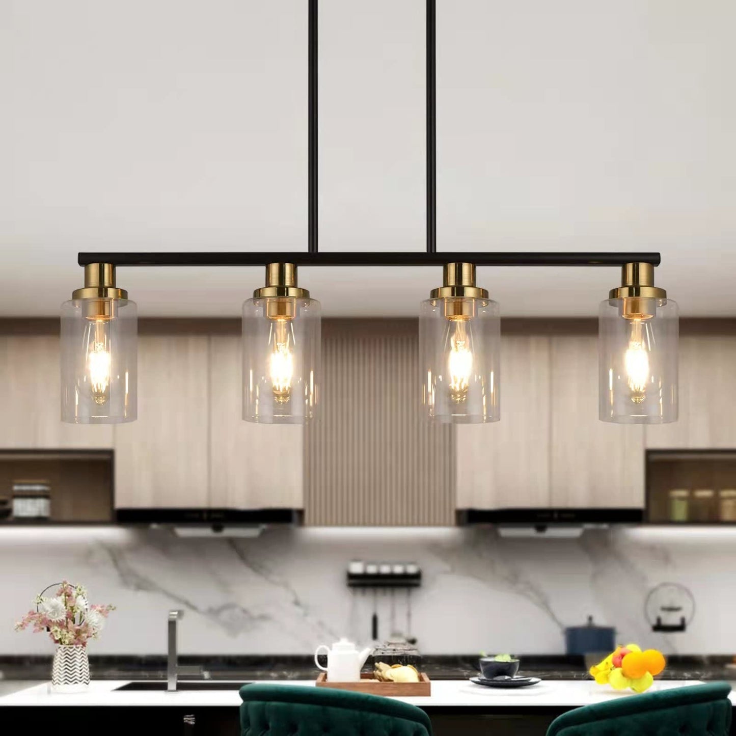 KPIOK 4-Light Island Lights for Kitchen, Farmhouse Linear Chandelier, Matte Black & Gold Industrial Pendant with Clear Glass Shades