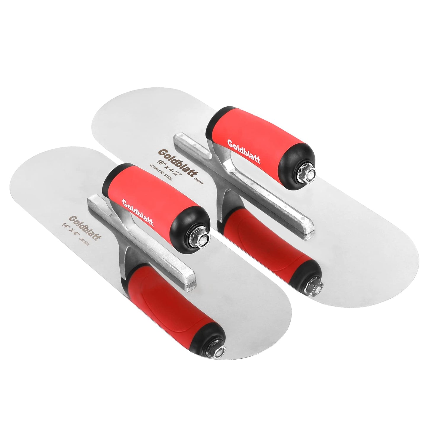 Goldblatt 2-Piece Stainless Steel Pool Trowel Set with Soft Grip Handles, 16" & 14" Finishing Trowels, Lightweight Round-End Design