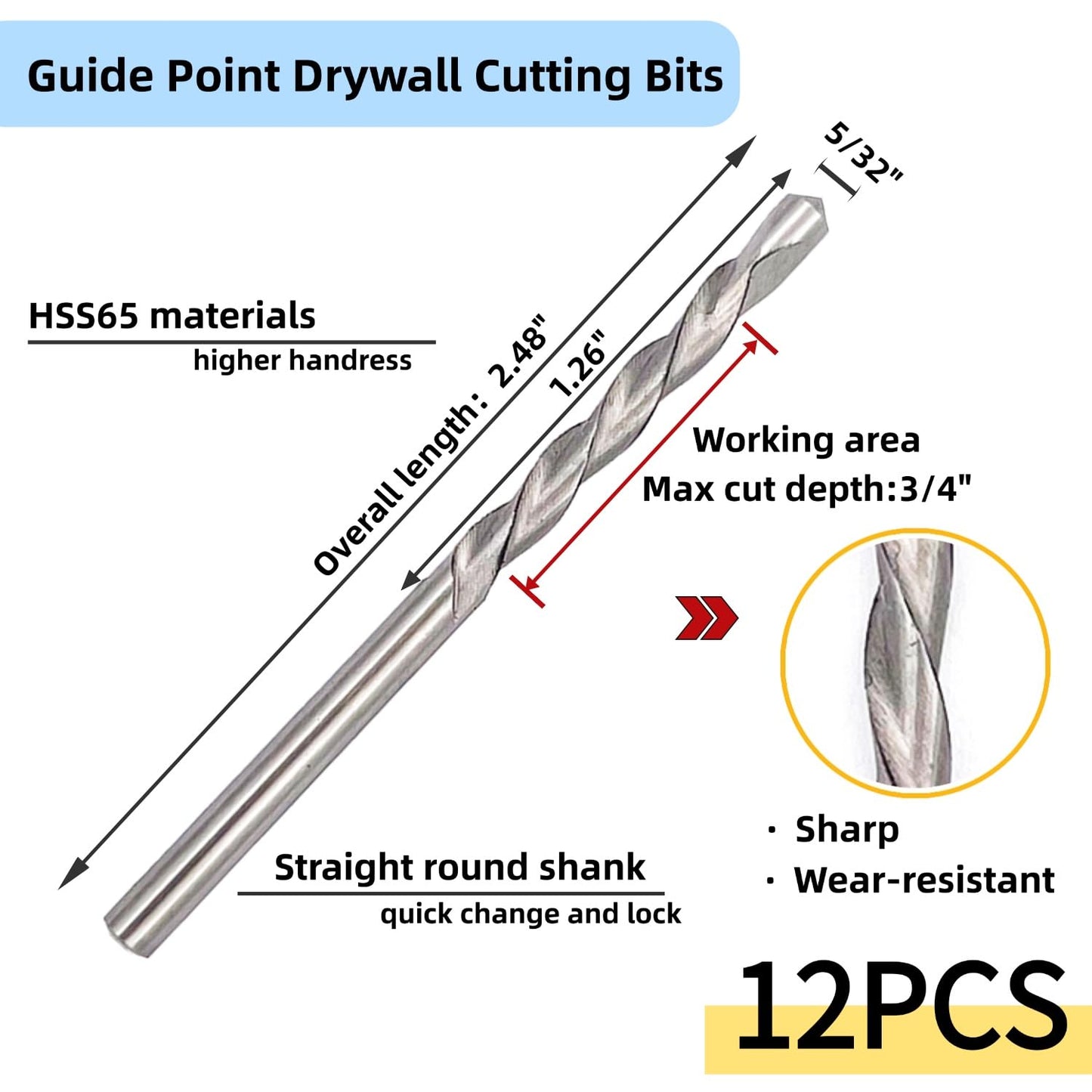 12 Pieces Drywall Cutting Tools 5/32 Inch Guide Point Cutting Bits,HSS65 Drill Bits, Cutting Drywall, Used for with Spiral Saw and Power Tools