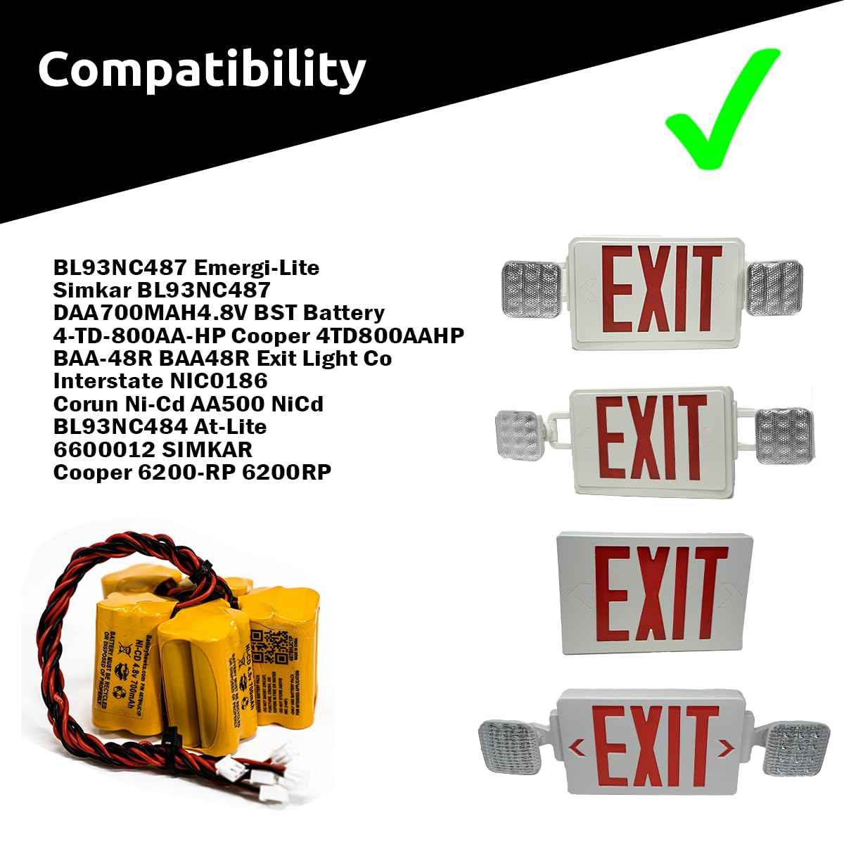 4.8V Ni-Cd Battery 700mAh for Exit Sign Emergency Light, Replaces BL93NC487/484/485, White Connector (5 Pack)