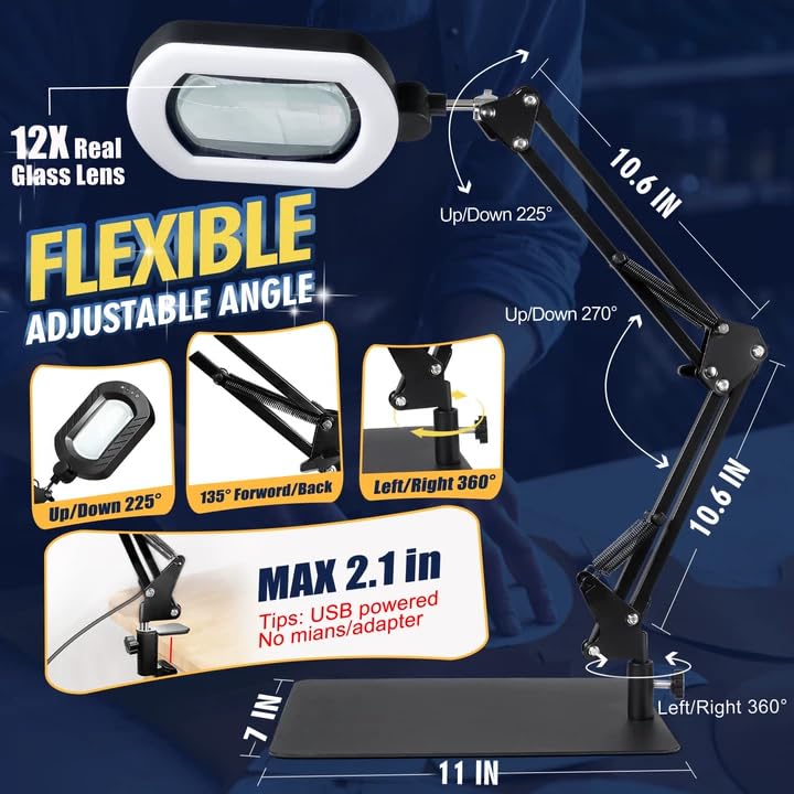 12X LED Magnifying Glass with Stand, 144 LEDs, 5 Color Modes & 10 Brightness Levels, Hands-Free Desk Lamp for Craft, Reading & Close Work