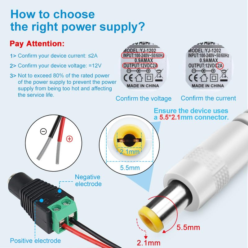 12V 2A 24W DC Power Supply with On/Off Switch, AC 110V to 12V Adapter for LED Strips, 5.5x2.1mm Female Connector, White