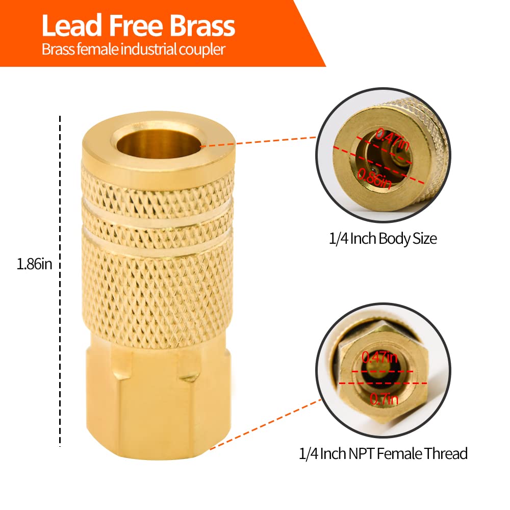 10-Pack 1/4" Brass Female Air Hose Couplers, NPT Quick Connect Fittings for Industrial, Automotive, and Professional Use