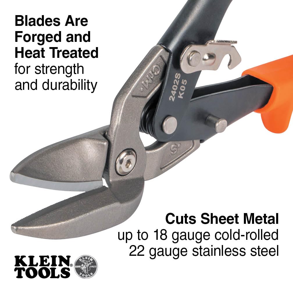 Klein Tools 2402S Straight-Cutting Offset Snips, Aviation Tin Snips with Forged Blade for Precision Sheet Metal Cutting