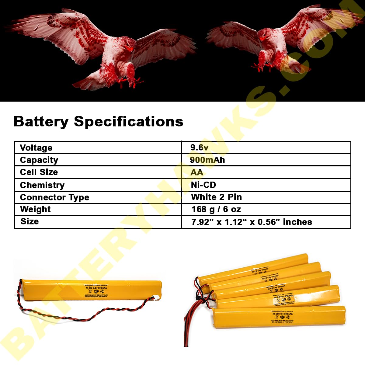 BBAT0043A 9.6V 900mAh Ni-Cd Battery Pack Replacement for Unitech BAT 9.6V700, Lithonia ELB-B003/B004 Exit Emergency Lights