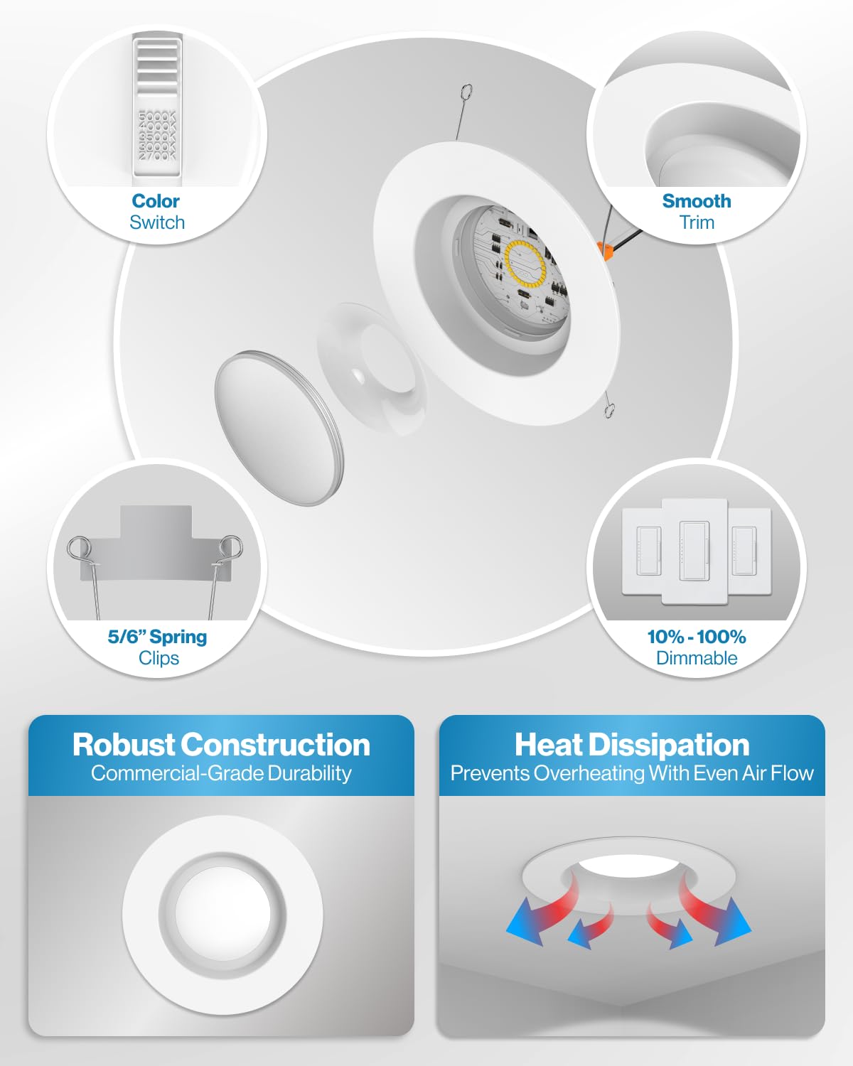 Sunco 12-Pack 6" LED Recessed Lights, Dimmable Retrofit Can, Smooth Trim, 13W (75W), 965LM, CCT Selectable 2700-5000K, Damp Rated UL