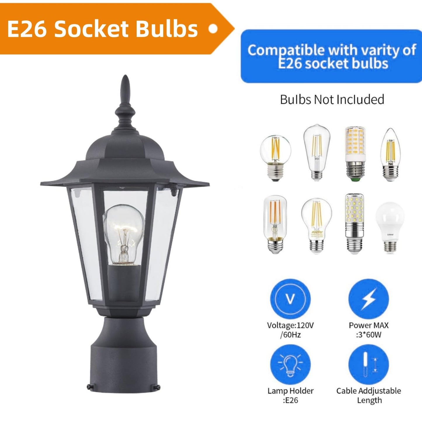 WISBEAM Outdoor Post Light, Pole Lantern, E26 Base 60W Max, Aluminum Housing Plus Glass, Wet Location Rated, ETL Qualified, Bulbs not Included, Black