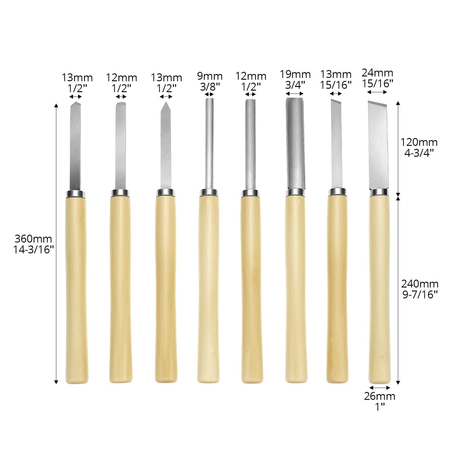 QWORK Wood Turning Chisel Set, 8 Pcs Lathe Chisel Set with Triple Tempered Chromium-Vanadium Steel for Woodworking and Craftsmanship