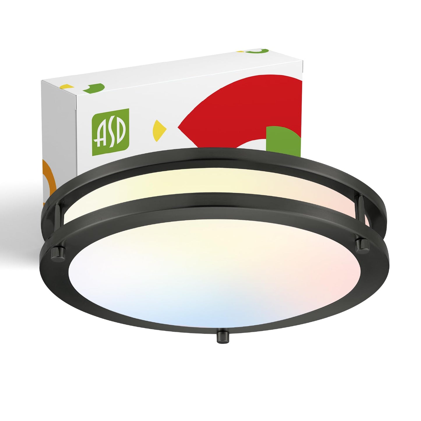 ASD LED 12" Round Flush Mount Ceiling Light, 20W 1550LM, 3CCT Dimmable 3000-5000K, Low Profile Double Ring, Black