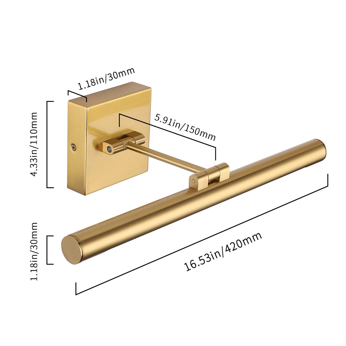 **LED Picture Light 16.5”, Modern Metal Wall Lamp with Swing Arm, 9W Hardwired, 3000K Warm White, CRI80+, Brass Finish**