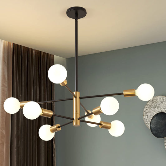 KAISITE 8-Light Modern Sputnik Chandelier, Height Adjustable Mid-Century Black & Gold Ceiling Light for Bedroom, Living & Dining