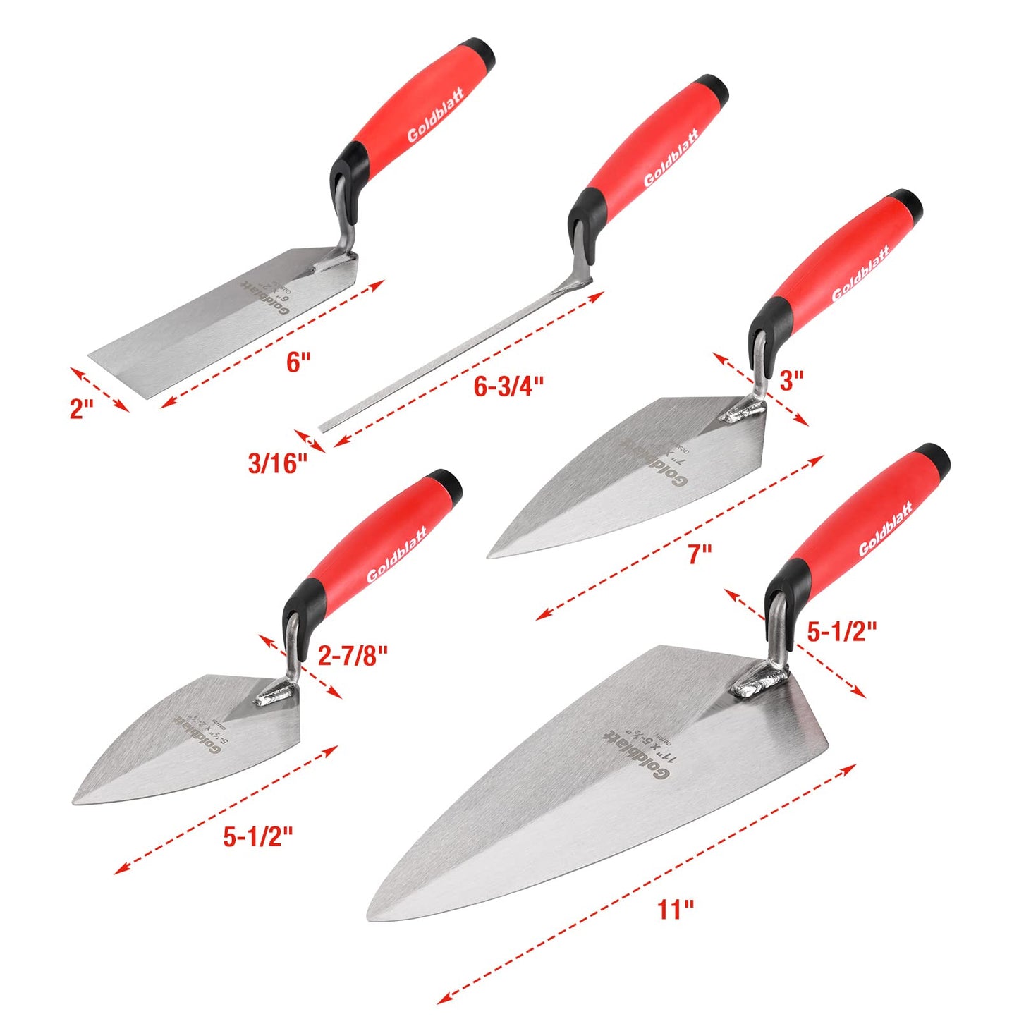 Goldblatt 12PC Masonry Hand Tool Set with Tool Bag – Trowels, Brick Jointer, Raker, String Line, Jag-Clamp & Masonry Brush