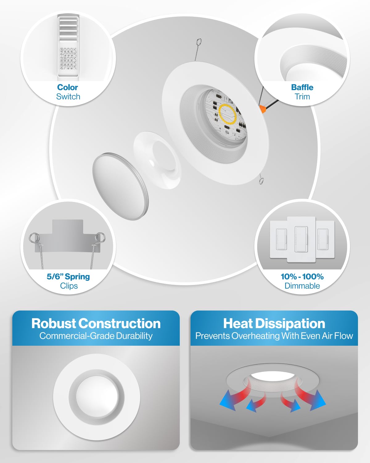 Sunco 12-Pack 6" LED Recessed Lights, Dimmable Retrofit Downlight, Baffle Trim, 13W (75W), Selectable CCT 2700-5000K, UL Rated
