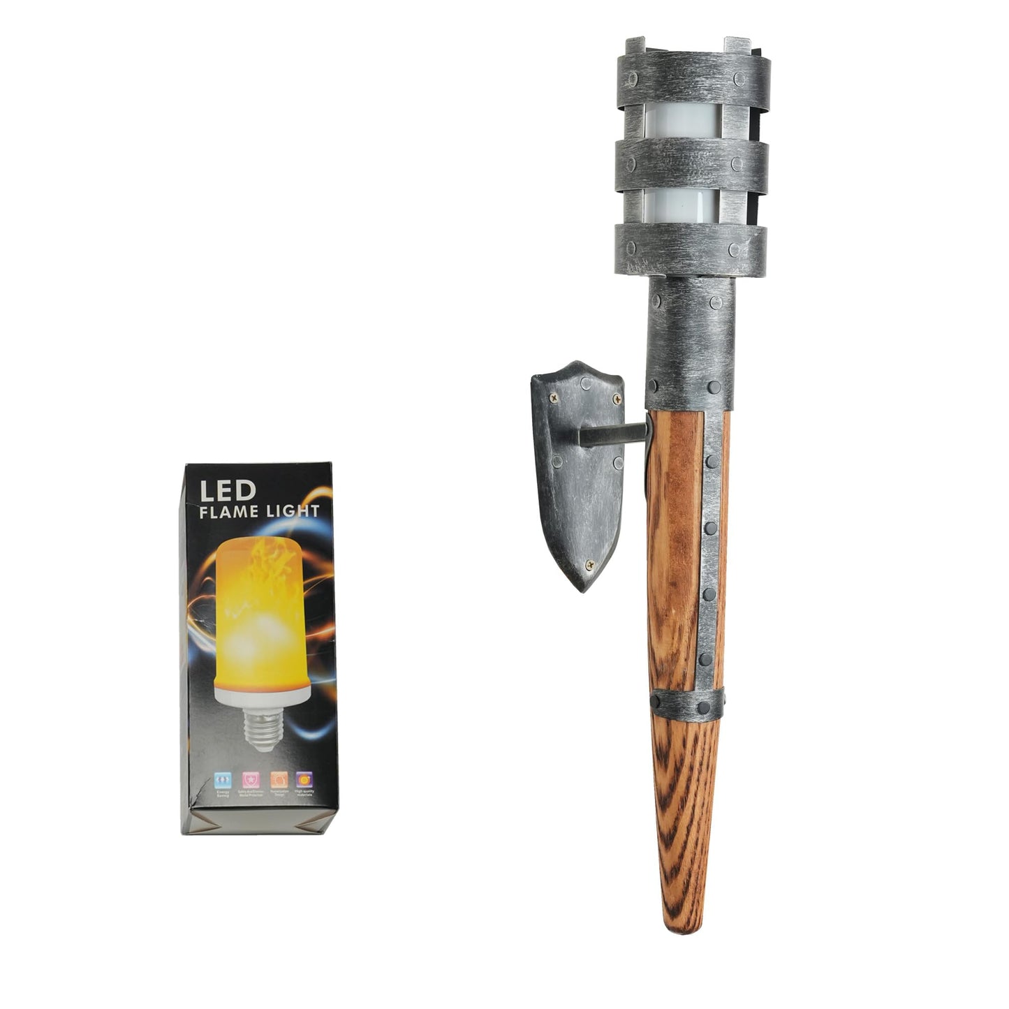 Medieval Torch Wall Sconce, Metal Torch Lamps with Wood Handles, Medieval Torch Light, Hand-Forged Wooden Handle Wall Lamps with E26 Light Bulb