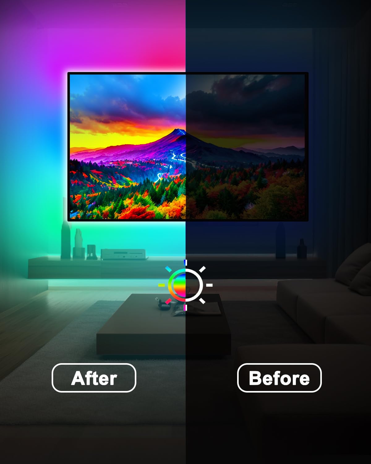 Daymeet 9.8FT LED TV Backlight for 32-60" TVs, RGBICW Color Changing Strip, Music Sync, Bluetooth APP Control, USB LED Lights for Bedroom