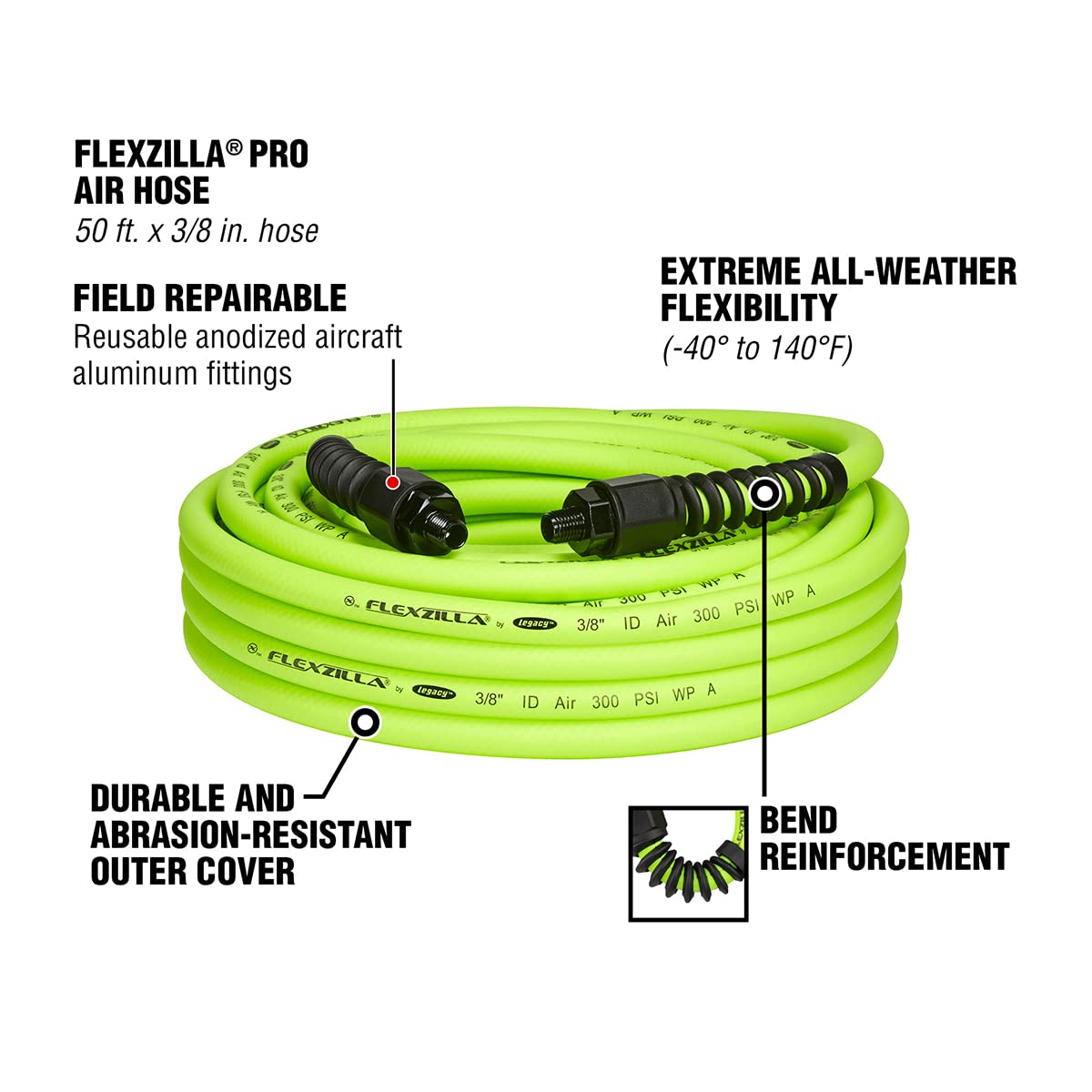 Flexzilla Pro Air Hose, 3/8 in. x 50 ft., Heavy Duty, Lightweight, Hybrid, ZillaGreen - HFZP3850YW2