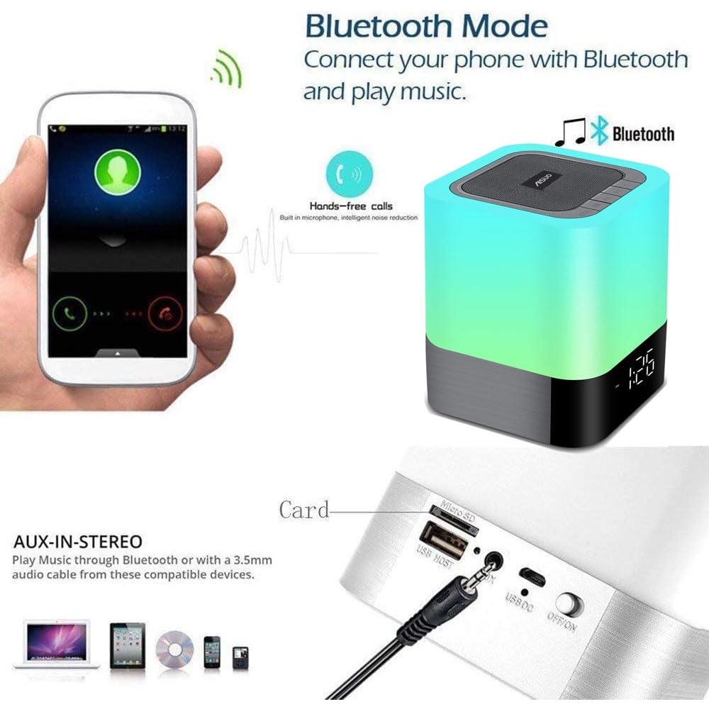 Aisuo 5-in-1 Bedside Night Lamp with Bluetooth Speaker, Digital Clock, Alarm, Touch Control, Music Player, TF/SD Card, Gift for Teens