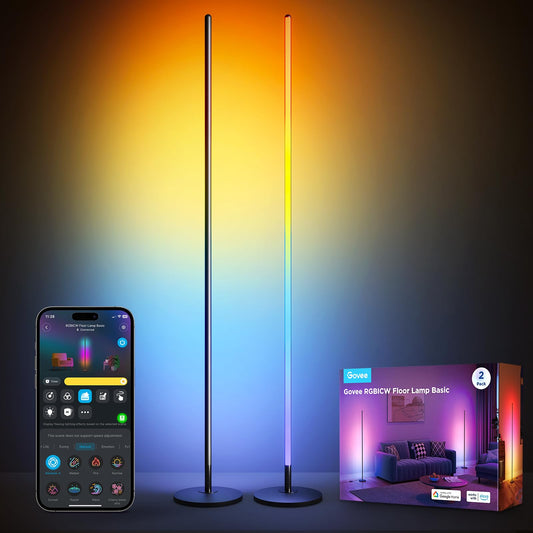 Govee RGBIC Floor Lamp Basic 2-Pack, Smart LED Standing Lamps with Alexa Voice Control, Color-Changing Corner Lights for Bedroom, Black