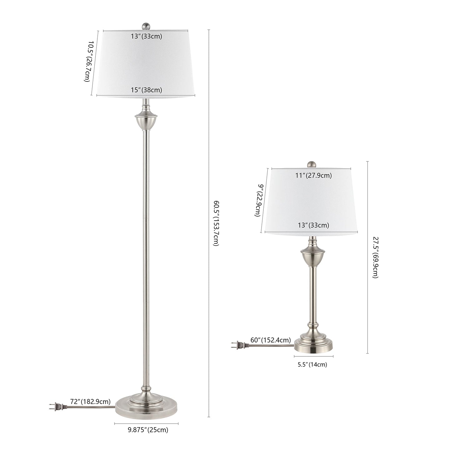 SAFAVIEH Lighting Collection Peltier Contemporary Nickel Floor & Table Lamp Set of 3 (LED Bulbs Included)