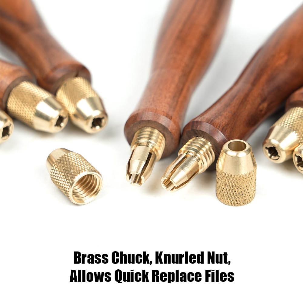 Toolcool Wood File Handle Wooden Handles with Brass Collet Chuck for Small Files with a Tang Diameter of 3.1MM-3.7MM