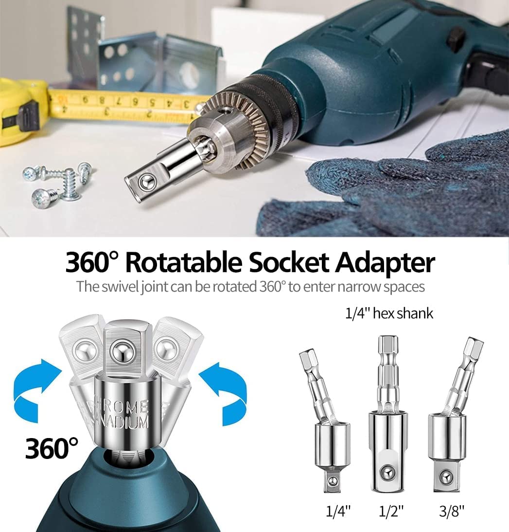 24-Piece Flexible Drill Bit Extension Set, 105° Right Angle Attachment, 1/4" 3/8" 1/2" Hex Socket Adapters, Rotating Joint, Storage Box