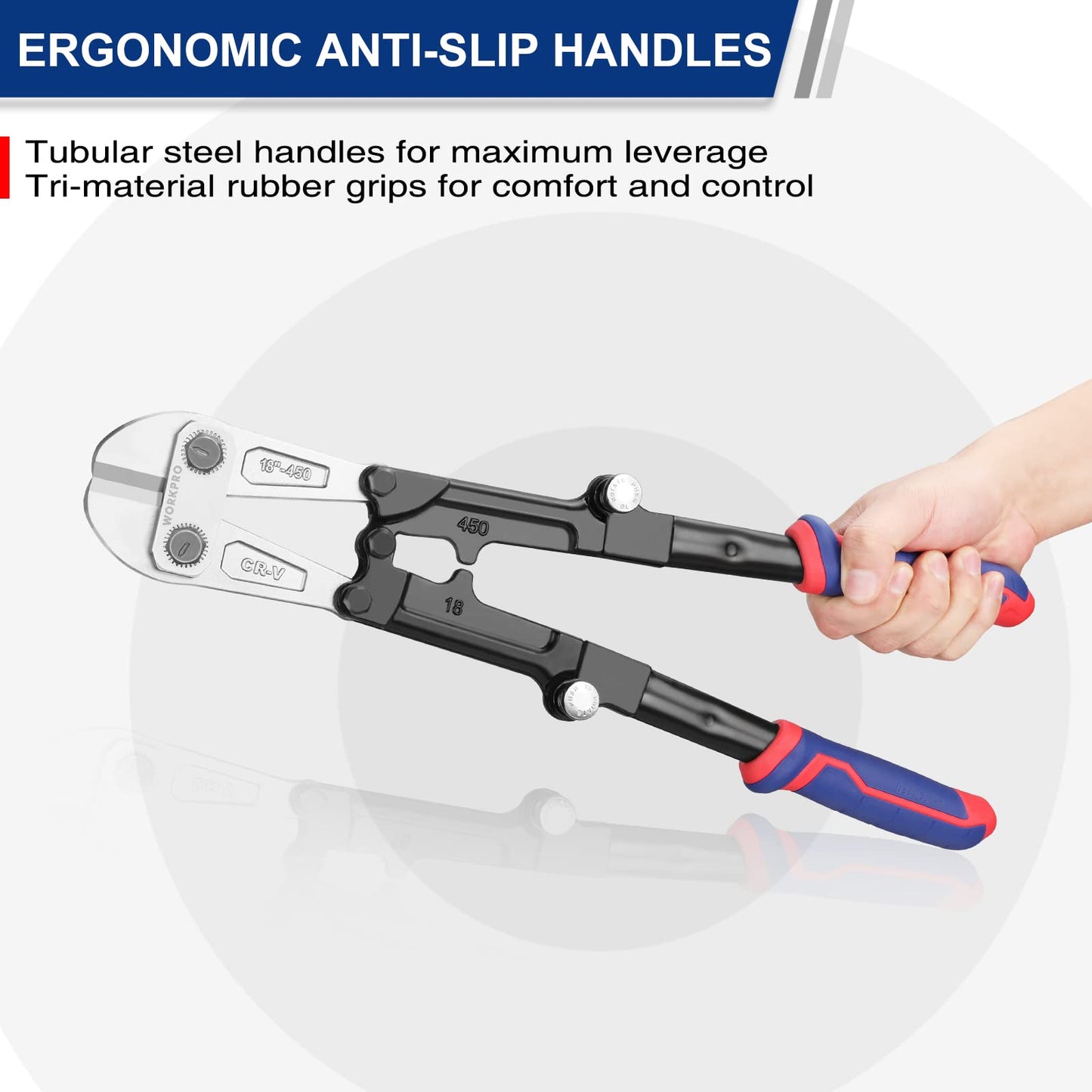 WORKPRO 18" Foldable Bolt Cutter with Comfort Grip, Chrome Vanadium Steel Blade for Rods, Bolts, Wires, Chains & Rivets