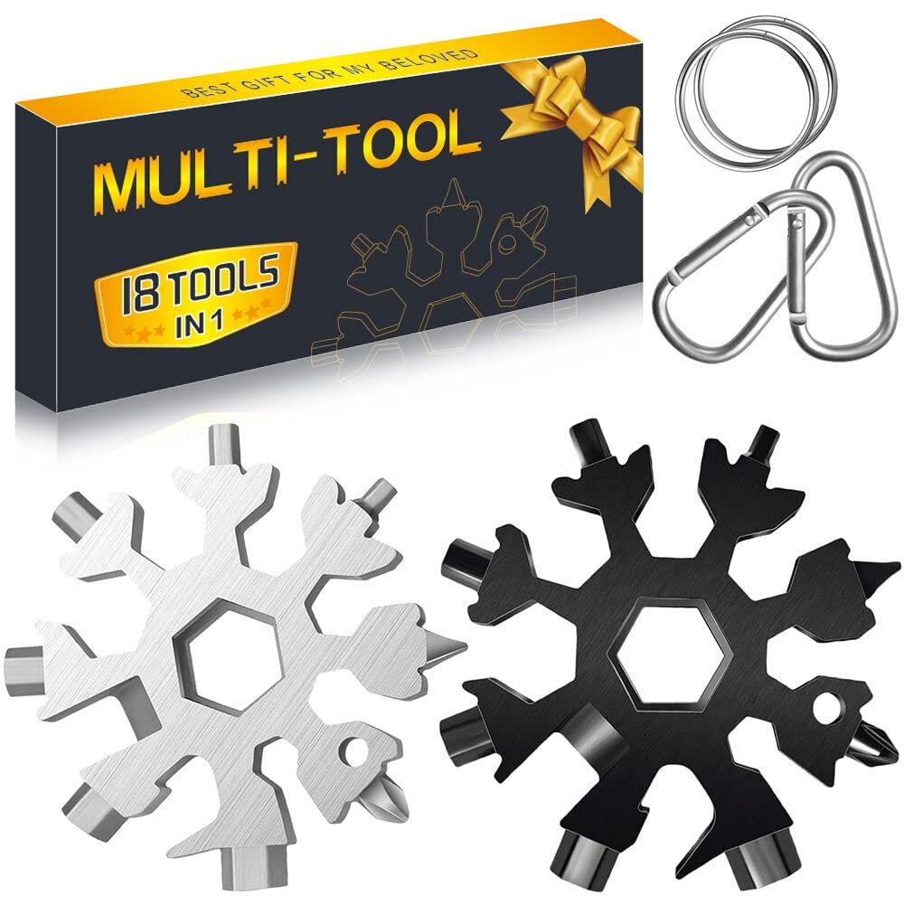 Stocking Stuffers for Men Dad – 2 Pack 18-in-1 Snowflake Multi Tool, Portable Keychain Wrench, Screwdriver & Bottle Opener for Camping & Outdoors
