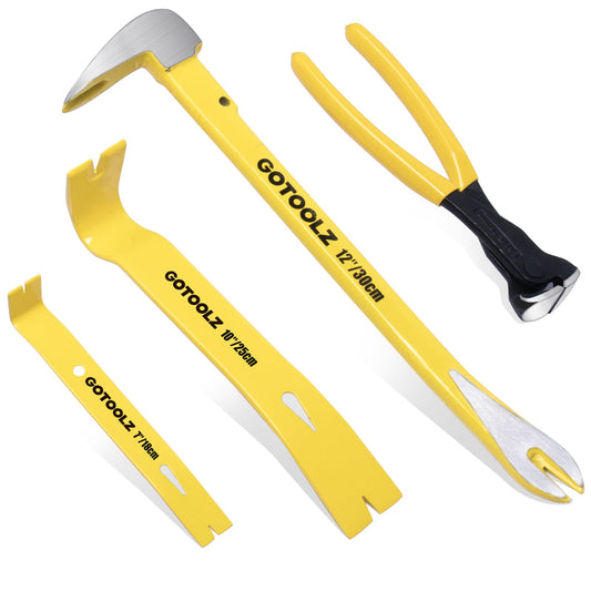 4-Piece Pry Bar & Nail Removal Tool Set – 12” Claw Pry Bar, 10” & 7.5” Flat Crowbars, 8” End Cutting Pliers for Baseboard & Floor Nails