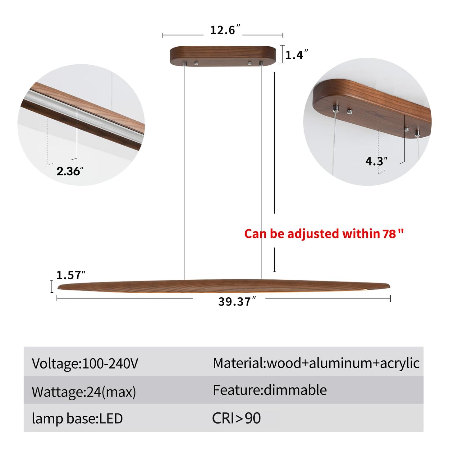 **YISDESIGN 39" Wood Linear LED Pendant Light, Dimmable 24W Hanging Island Fixture for Dining Room, Kitchen, Bar, Walnut Finish**