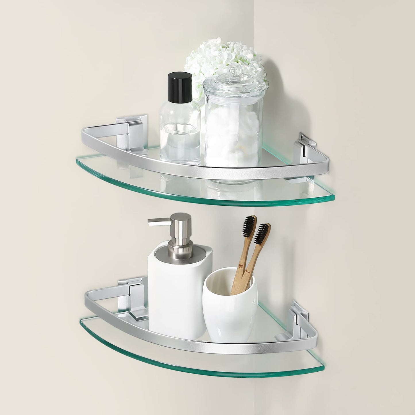 KES Glass Corner Shelf Bathroom, Corner Glass Shelf with Rail Wall Mount 2 Tier Sand Sprayed Silver Finish, A4120A-P2