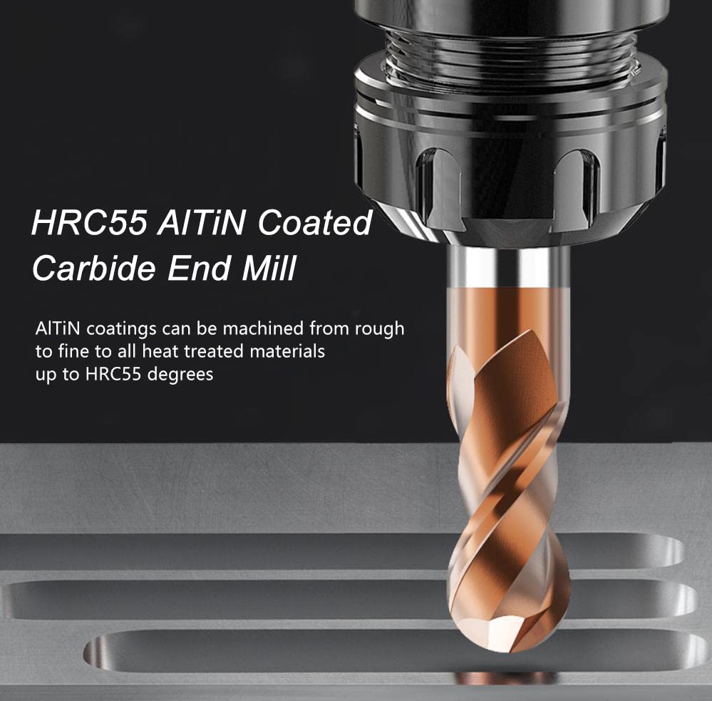 ASNOMY 5PCS Ball Nose Carbide End Mill Set, 1–4mm CNC Router Bits, 2 Flute Spiral Milling Tools, HRC55, 5 Radius Sizes