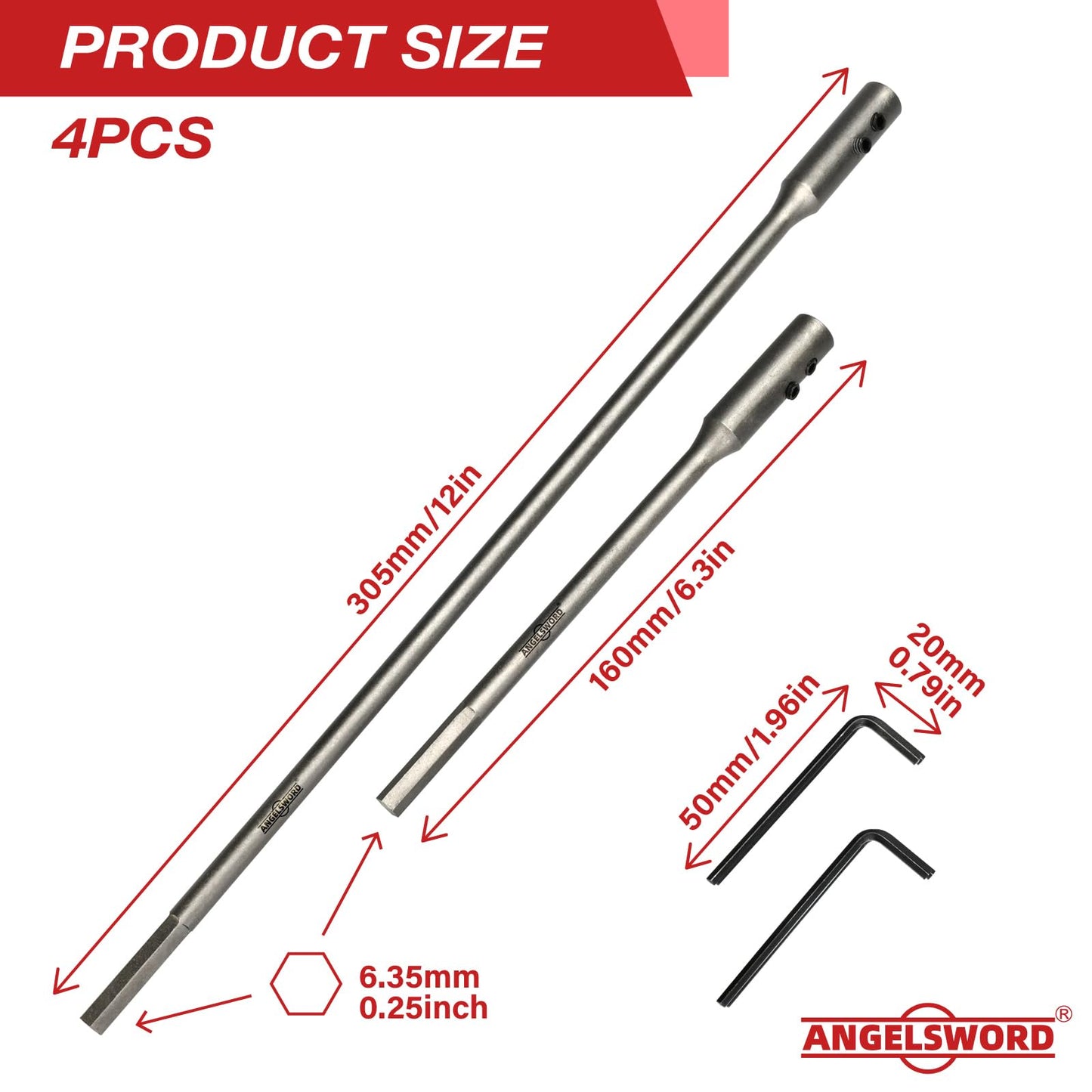 ANGELSWORD 1/4" Extension Drill Bit Holder Set, Wood Spade Drill Bit Extension,6 and 12 Inch with 2 Pieces Key