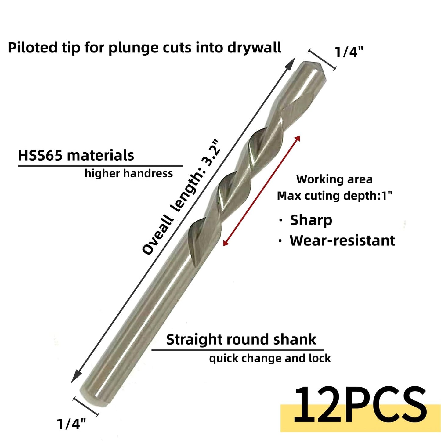 12-Piece 1/4" Drywall Cutting Drill Bits, HSS65(M2) Guide Point for Spiral Saw & Power Tools