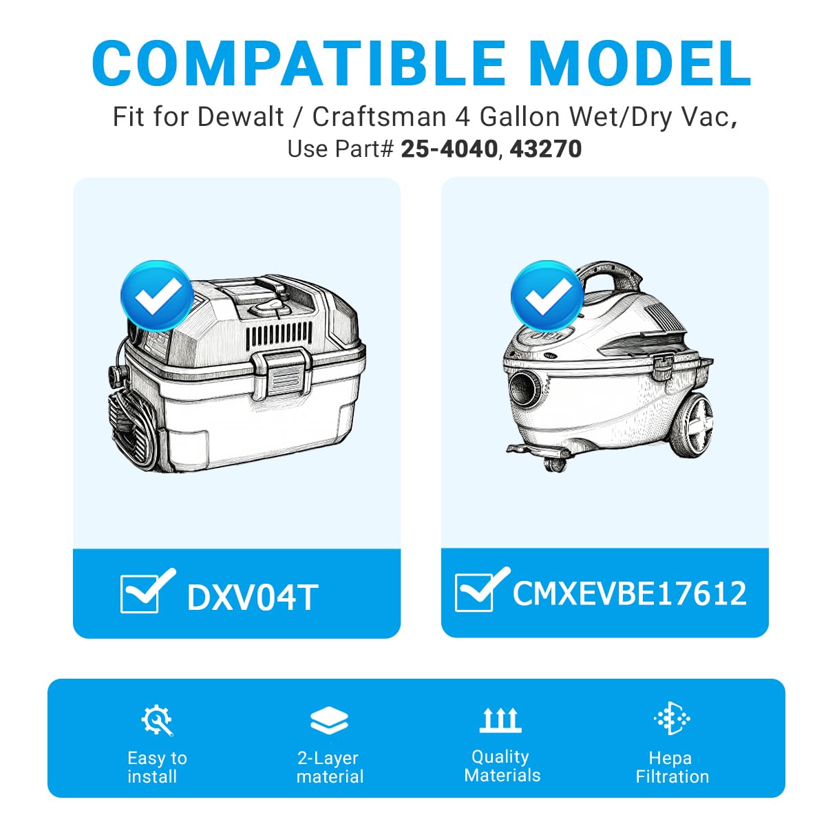 10 Pack DXVA25-4040 Dust Bag-4 gallon Replacement for DEWALT DXV04T 4 Gallon Wet/Dry Vacuum