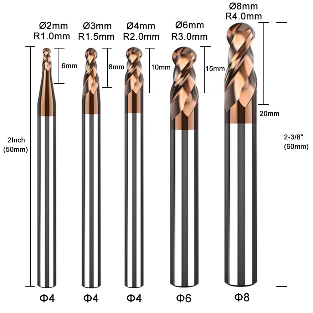 ASNOMY 5PCS Ball Nose Carbide End Mill Set, 1–4mm CNC Router Bits, 2 Flute Spiral Milling Tools, HRC55, 5 Radius Sizes