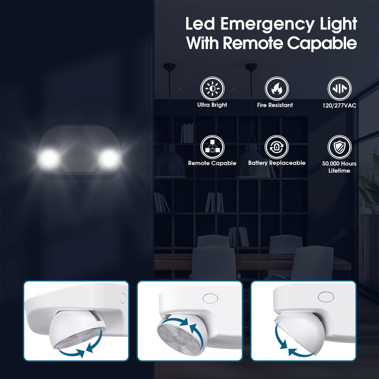 SASELUX LED Emergency Light 6-Pack with Remote, Adjustable Heads, Exit & Backup Lighting, White, 120V-277V, UL Certified