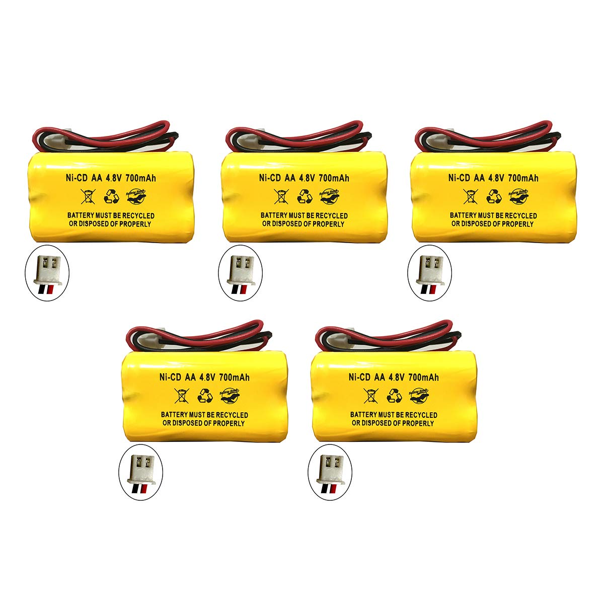 4.8V Ni-Cd Battery 700mAh for Exit Sign Emergency Light, Replaces BL93NC487/484/485, White Connector (5 Pack)