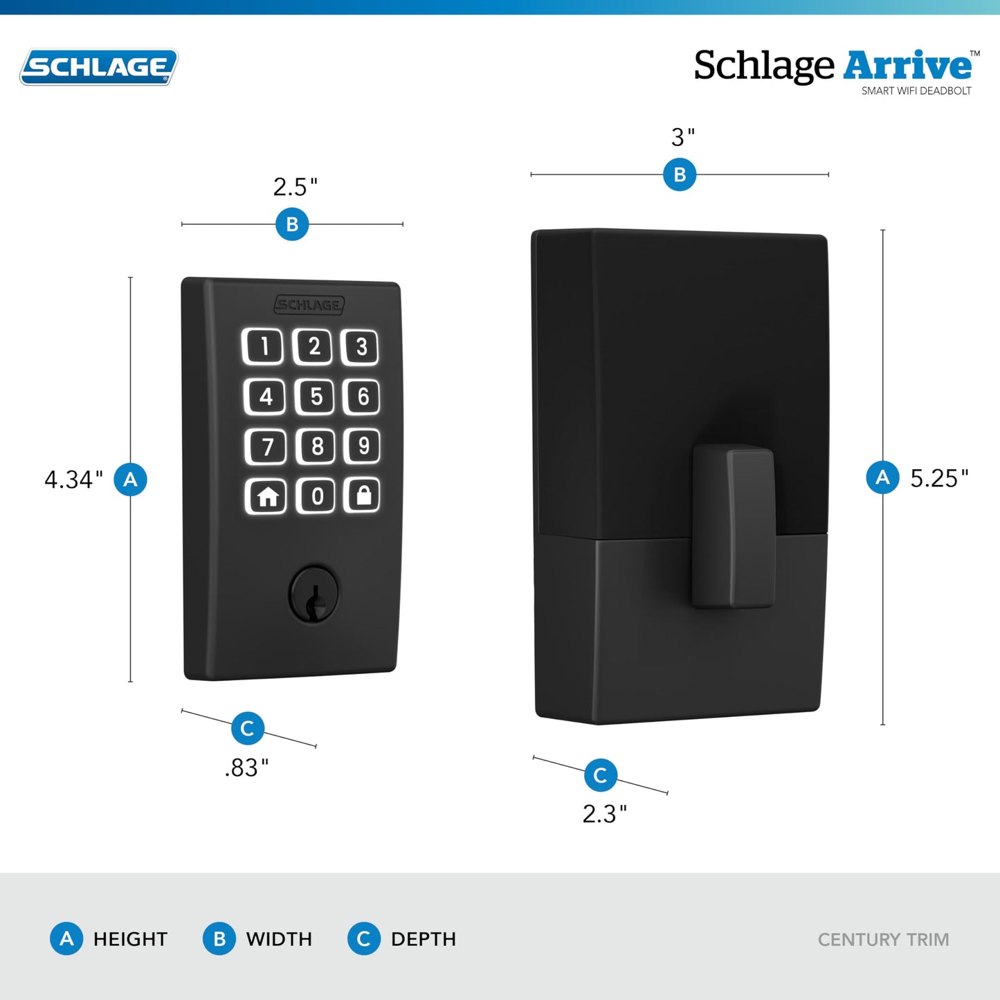 Schlage Arrive WiFi Deadbolt Smart Lock, Keyless Entry Door Lock with Century Trim, Matte Black, Compatible with Alexa and Google, BE459WB CEN 622